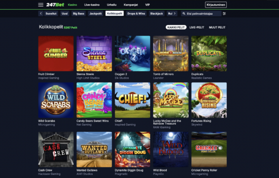 247Bet Casinon peliaula on tummanouhuva. Pelivalikoimasta löytyy monia tuttuja kolikkopelejä.