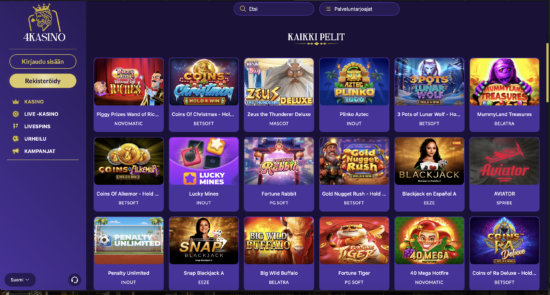 4Kasinon peliaula on kuninkaallisen violetti. Kasinon logo hehkuu kultaisena ja pelivalikoimaa riittää hurjasti.