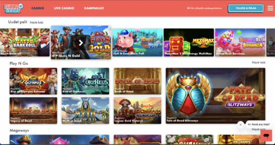 Turbo Vegas Casino peliaulassa pelattavaa riittää. Pelit on jaoteltu eri kategorioihin, kuten Uudet pelit ja Play N Go. Teema on punasinivalkoisen raikas.