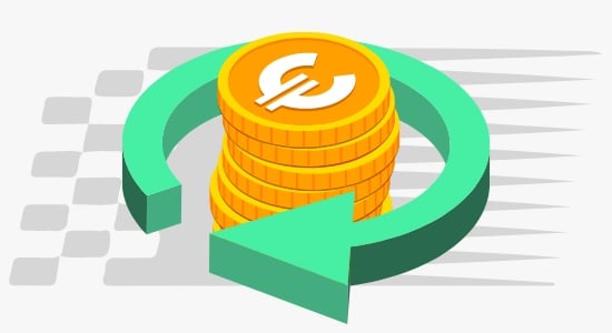 Vihreä nuoli ympyrän muodossa ja nuolen sisällä pino kolikoita. Tämä symbolisesti merkkaa, kuinka cashback toimii.