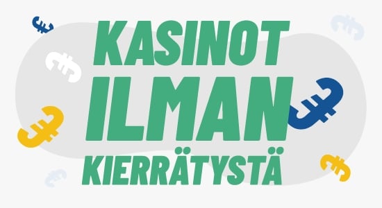 Harmaalla taustalla vihreällä teksti kasinot ilman kierrätystä. Tekstin ympärillä erilaisia symboleja.