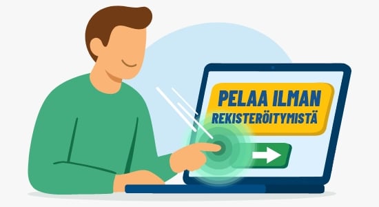 Henkilö on tietokoneella, jonka ruudulla lukee teksti pelaa ilman rekisteröitymistä. Tekstin alla vihreä nuoli, joka symboloi nopeutta ja helpoutta.