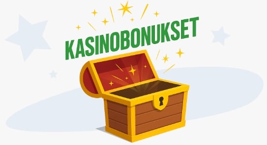 Avonainen arkku, jonka sisältä tulee teksti kasinobonukset ja tähtiä. Arkun taustalla sinisiä tähtiä. Parhaat pikakasinot tarjoavat kasinobonuksia.