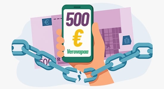Kädessä puhelin, jonka näytöllä 500 euroa ja teksti verovapaa. Verovapaat pikakasinot mahdollistavat verovapaat kotiutukset.