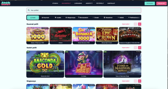 Jackburst Kasino on vaaleansävyinen. Pelattavaa on pikakasinolla tarjolla hurjasti. Lue Jackburts Casino kokemuksia!