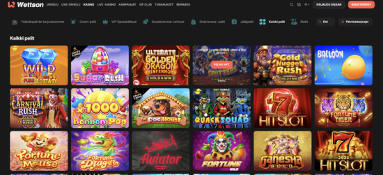 Wettson Casinon peliaula. Pelivalikoimassa valittavana monia suosittuja kolikkopelejä, kuten Sugar Rush.