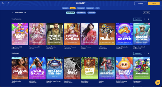 Karhubet Kasino tarjoaa pelattavaa huikean määrän sinisävyisessä peliaulassaan. Lue KarhuBet Casino kokemuksia!