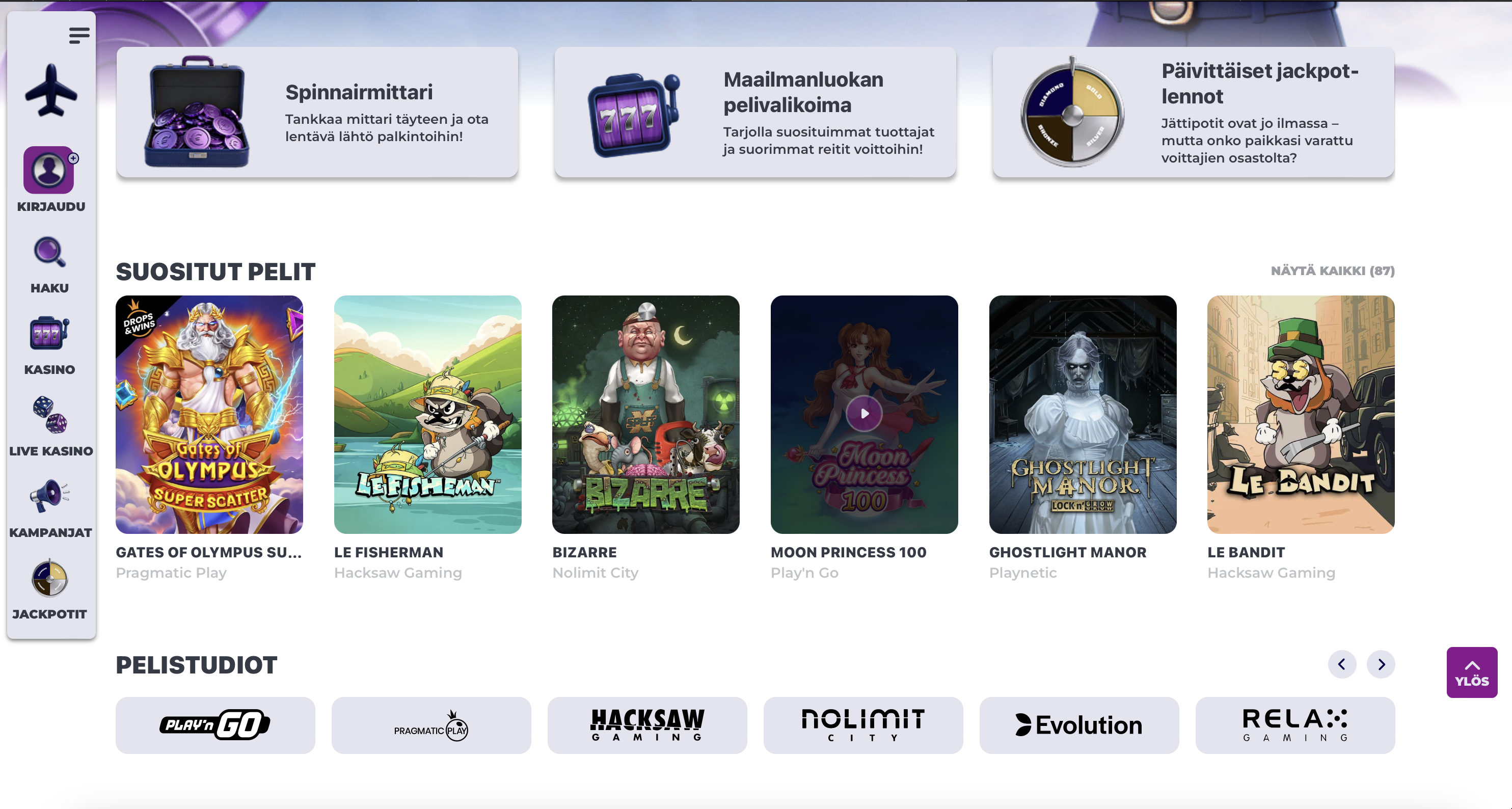 Spinnair Kasino on lentoyhtiö Finnairista inspiroitunut pikakasino. Peliaulassa riittää pelattavaa ja kampanjoita.