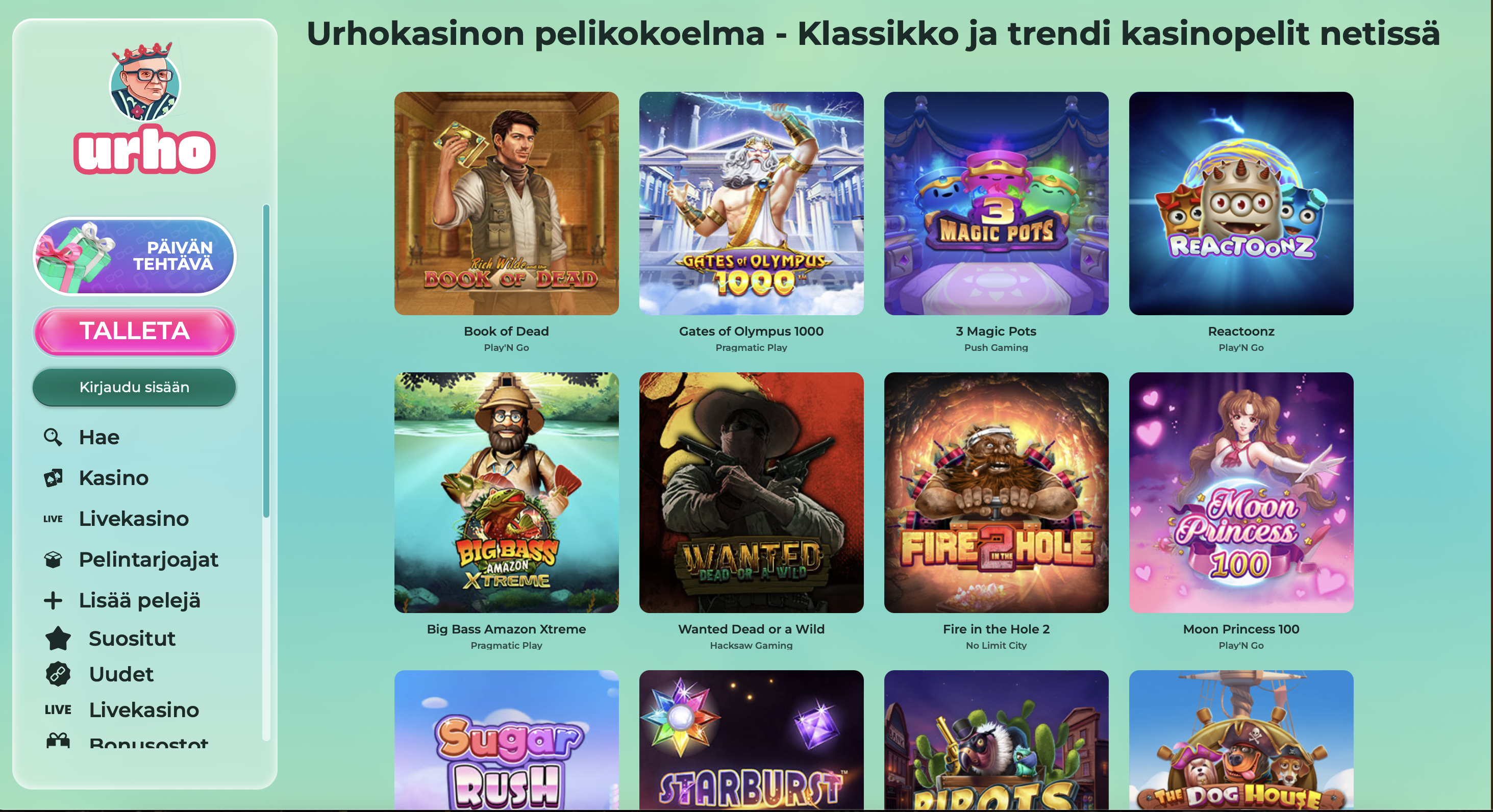Urho Casino peliaula on mintunvihreä ja täynnä pelattavaa. Lue Urho Kasino kokemuksia!