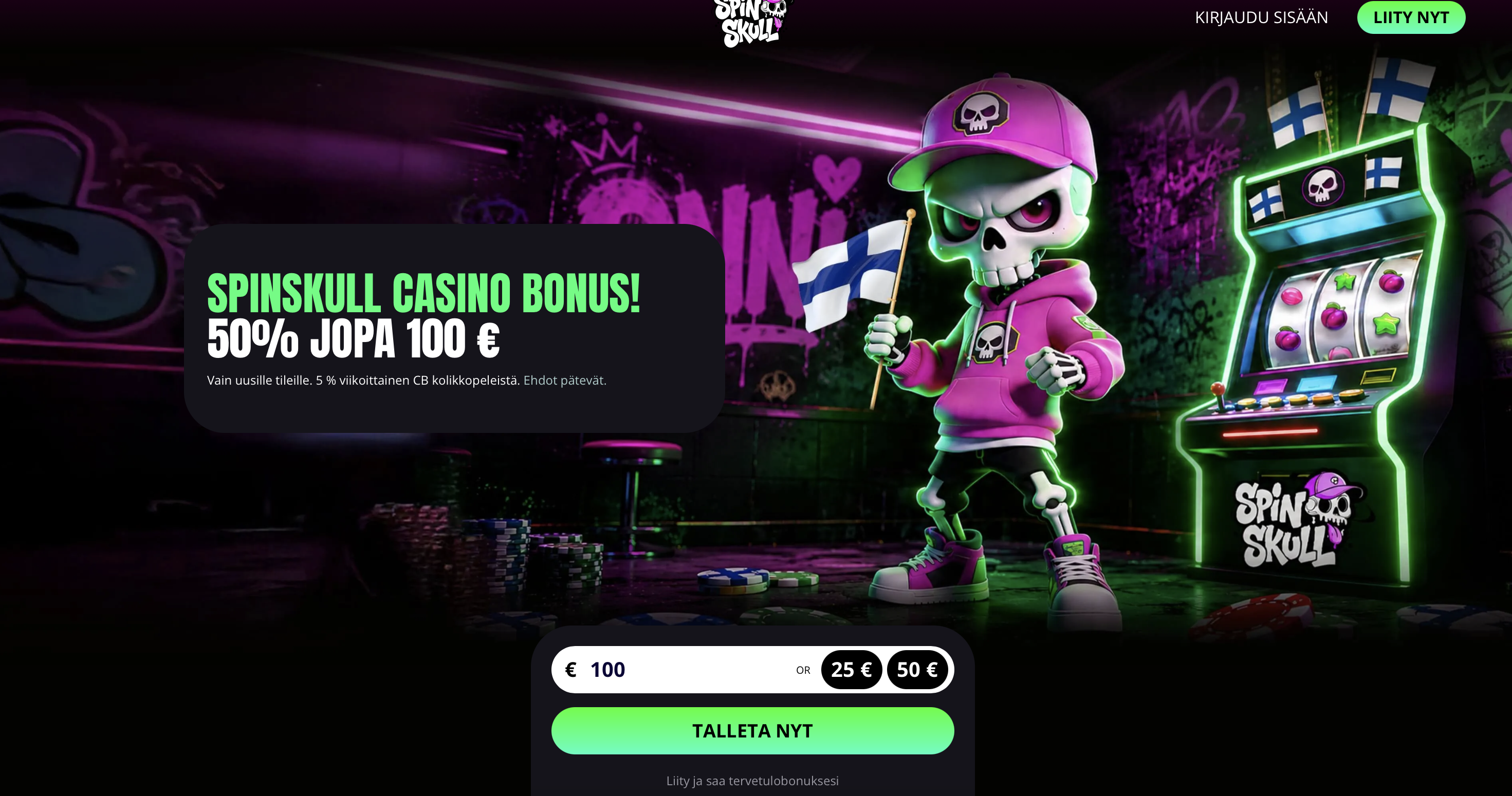 SpinSkull Casino on neonsävyissään erottuva. Raju pääkallomaskotti heiluttaa Suomen lippua. Lue SpinSkull Kasino kokemuksia!