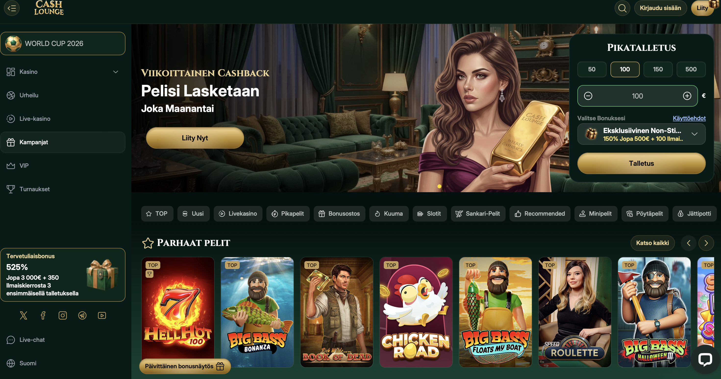 CashLounge Kasino on ylellinen tummanvihreissä ja kultaisissa sävyissään. Peliaula on täynnä kampanjoita ja pelattavaa. Lue Cashlounge Casino kokemuksia!