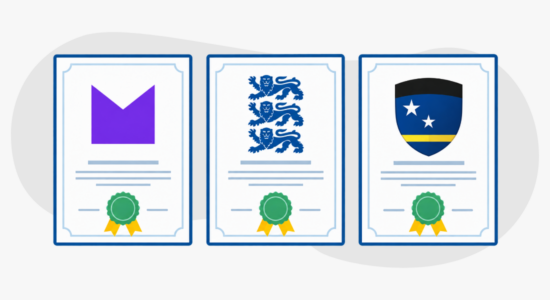 Yleisimmät rahapelilisenssit nettikasinoilla ovat kuvassa järjestyksessä Maltan MGA, Viron EMTA ja Curacaon CGA.