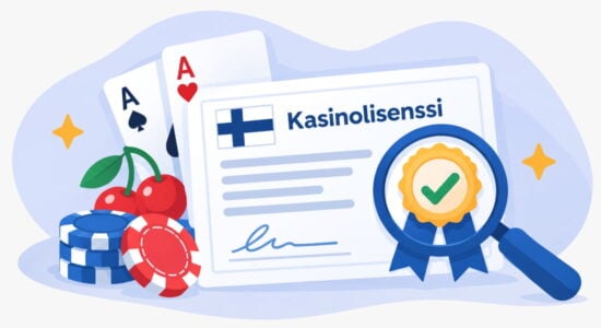 Kasinolisenssi-dokumentti, jossa Suomen lippu ja allekirjoitus vahvistamassa dokumentin virallisuutta. Pelikortteja ja pelimerkkejä dokumentin ympärillä.