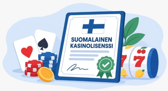 Suomen kasinolisenssi -dokumentti, jossa Suomen lippu ja sertifikaatti. Taustalla pelimerkkejä ja pelikortteja.