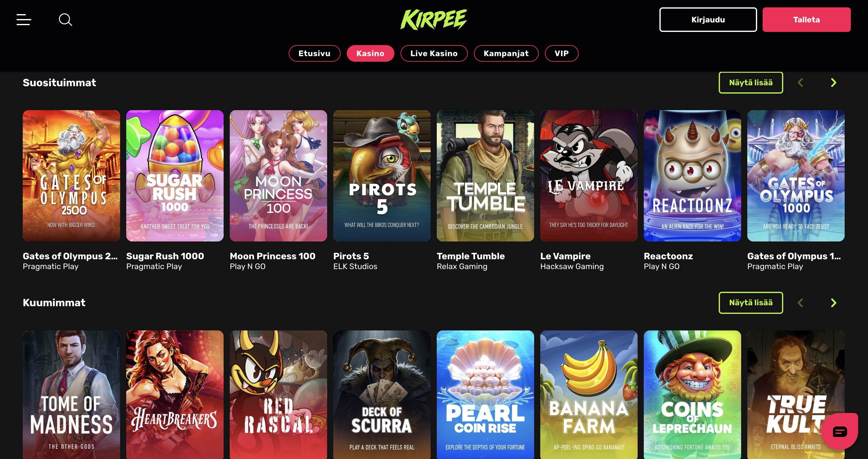 Kirpee Kasinon pelaula. Peliaula on ulkoasultaan musta sisältäen pirteitä värejä. Pelivalikoimasta löytyy tunnettuja kolikkopelejä, kuten Sugar Rush 1000 ja Reactoonz.