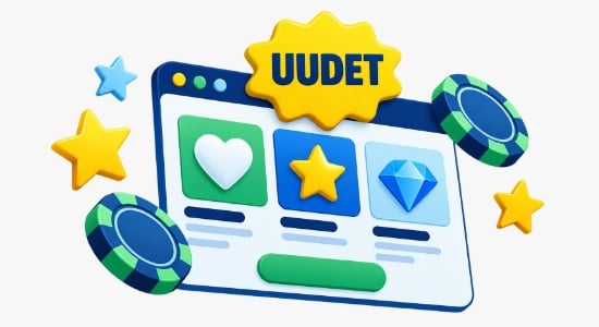 Uudet pikakasinot teksti keltaisen tähden sisällä. Taustalla näyttö, jossa uusiin pikakasinoihin viittaavia elementtejä, kuten tähtiä ja pelimerkkejä.